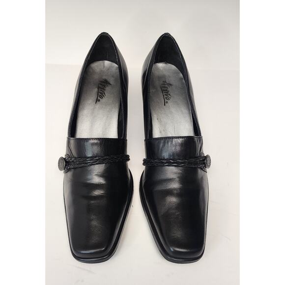 Artiva Angela Women's Silver Button Leather Block Heels Loafers Pump Shoes 8.5M - Picture 2 of 11